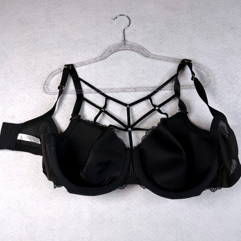 Cacique Black Lace Cage Strap Lightly Lined Balconette Bra 40DDD 610635, 1 Flaw - Picture 9 of 16